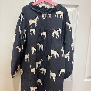 H&M Navy Dress with White Horse Print and Ruffle Neck